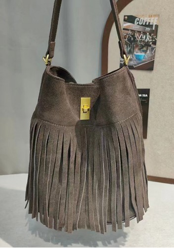 Shimanne Suede Leather Fringe Shoulder Bag Choco