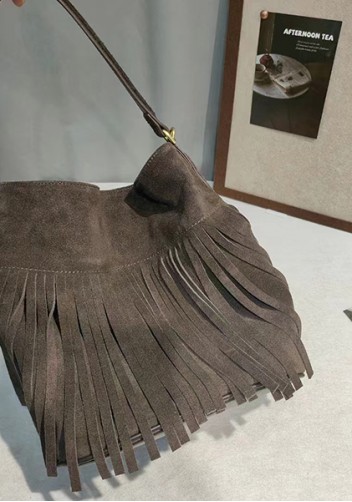 Shimanne Suede Leather Fringe Shoulder Bag Choco