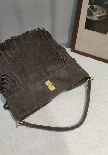 Shimanne Suede Leather Fringe Shoulder Bag Choco