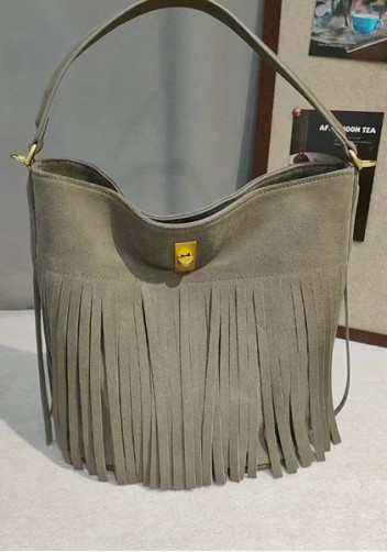 Shimanne Suede Leather Fringe Shoulder Bag Grey