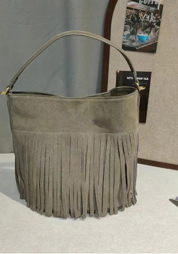 Shimanne Suede Leather Fringe Shoulder Bag Grey