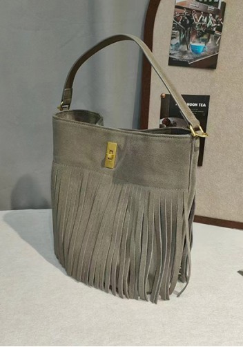 Shimanne Suede Leather Fringe Shoulder Bag Grey