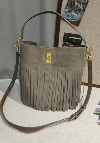 Shimanne Suede Leather Fringe Shoulder Bag Grey