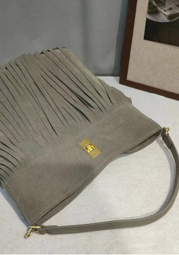 Shimanne Suede Leather Fringe Shoulder Bag Grey