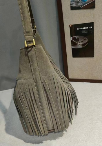 Shimanne Suede Leather Fringe Shoulder Bag Grey