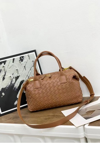 Mia Woven Leather Medium Shoulder Tote Acorn