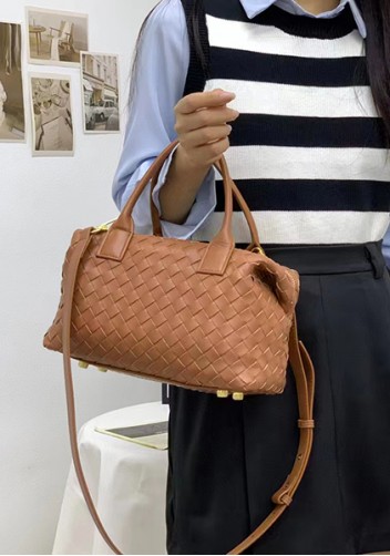 Mia Woven Leather Medium Shoulder Tote Acorn
