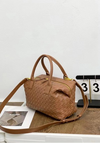 Mia Woven Leather Medium Shoulder Tote Acorn