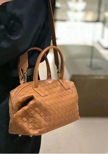 Mia Woven Leather Medium Shoulder Tote Acorn