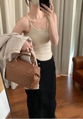 Mia Woven Leather Medium Shoulder Tote Acorn