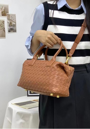 Mia Woven Leather Medium Shoulder Tote Acorn