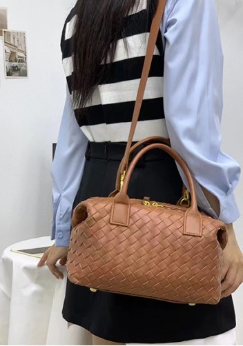 Mia Woven Leather Medium Shoulder Tote Acorn