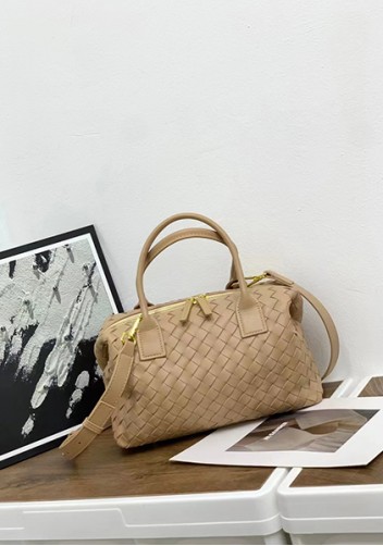 Mia Woven Leather Medium Shoulder Tote Beige