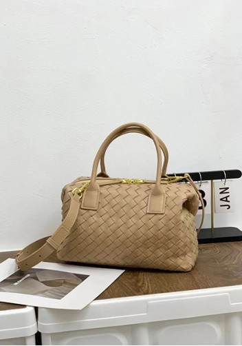 Mia Woven Leather Medium Shoulder Tote Beige