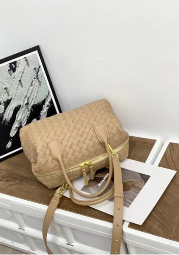 Mia Woven Leather Medium Shoulder Tote Beige