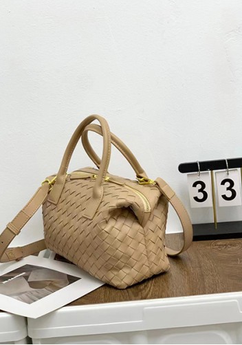 Mia Woven Leather Medium Shoulder Tote Beige