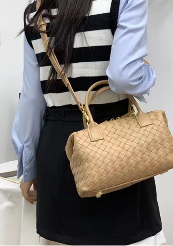 Mia Woven Leather Medium Shoulder Tote Beige