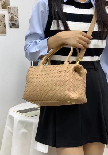 Mia Woven Leather Medium Shoulder Tote Beige