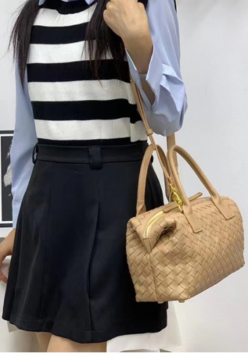 Mia Woven Leather Medium Shoulder Tote Beige