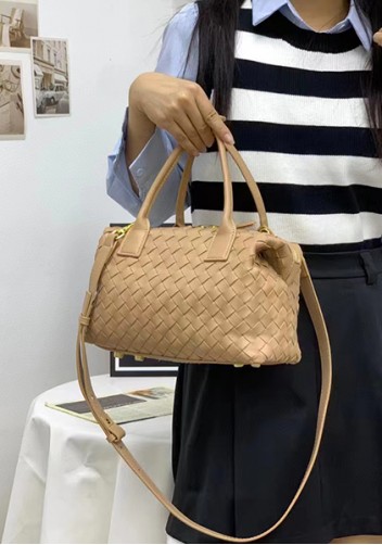 Mia Woven Leather Medium Shoulder Tote Beige