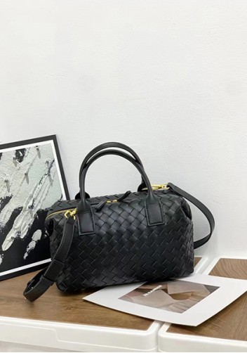 Mia Woven Leather Medium Shoulder Tote Black