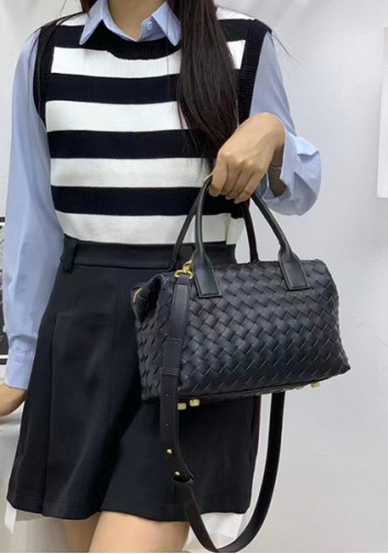 Mia Woven Leather Medium Shoulder Tote Black