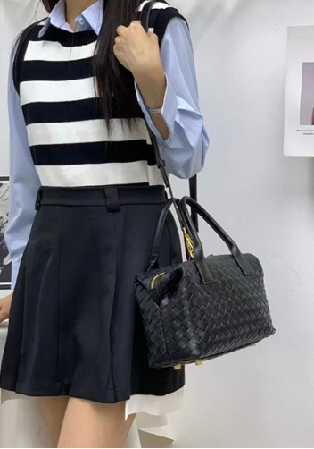Mia Woven Leather Medium Shoulder Tote Black