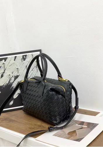 Mia Woven Leather Medium Shoulder Tote Black