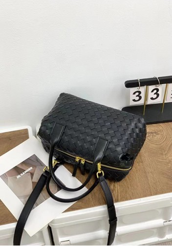 Mia Woven Leather Medium Shoulder Tote Black