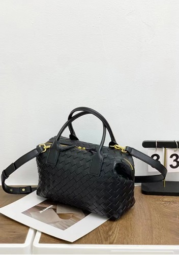 Mia Woven Leather Medium Shoulder Tote Black