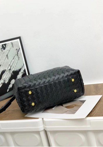 Mia Woven Leather Medium Shoulder Tote Black