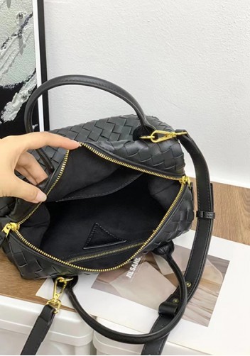 Mia Woven Leather Medium Shoulder Tote Black