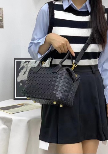 Mia Woven Leather Medium Shoulder Tote Black