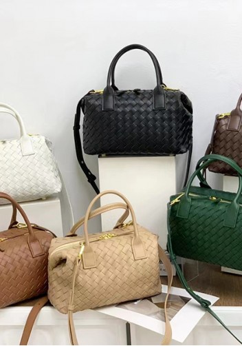 Mia Woven Leather Medium Shoulder Tote Black