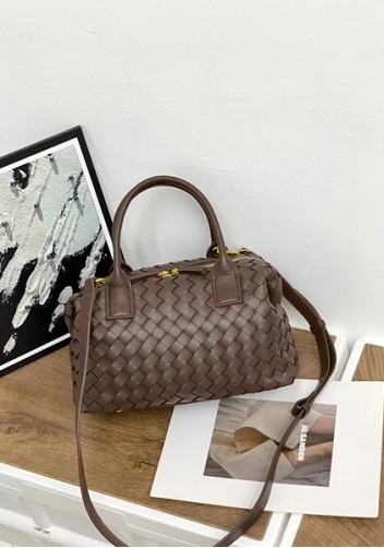 Mia Woven Leather Medium Shoulder Tote Choco