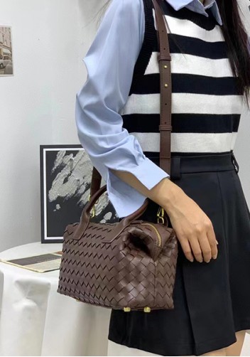 Mia Woven Leather Medium Shoulder Tote Choco