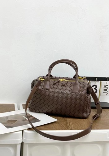 Mia Woven Leather Medium Shoulder Tote Choco