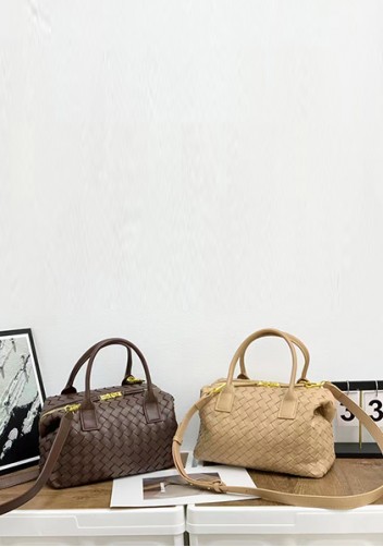 Mia Woven Leather Medium Shoulder Tote Choco