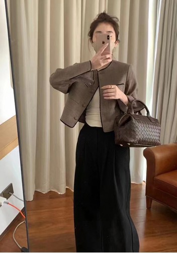 Mia Woven Leather Medium Shoulder Tote Choco