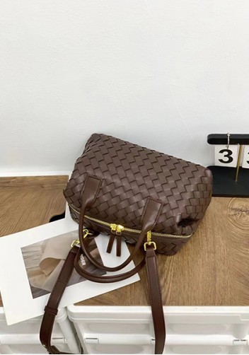 Mia Woven Leather Medium Shoulder Tote Choco