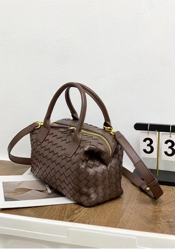 Mia Woven Leather Medium Shoulder Tote Choco