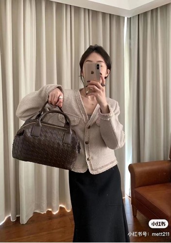 Mia Woven Leather Medium Shoulder Tote Choco