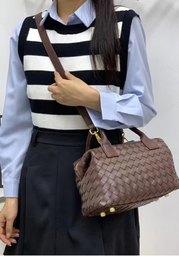 Mia Woven Leather Medium Shoulder Tote Choco