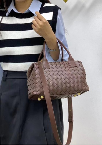 Mia Woven Leather Medium Shoulder Tote Choco