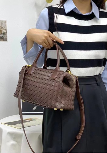 Mia Woven Leather Medium Shoulder Tote Choco