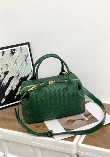 Mia Woven Leather Medium Shoulder Tote Green