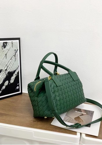 Mia Woven Leather Medium Shoulder Tote Green