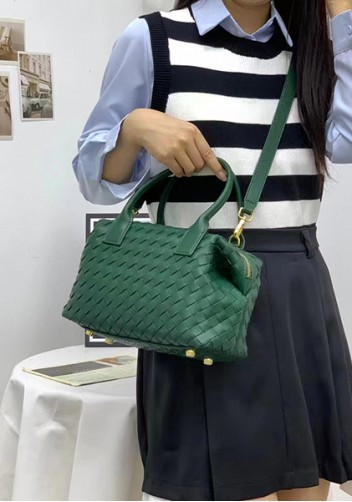 Mia Woven Leather Medium Shoulder Tote Green