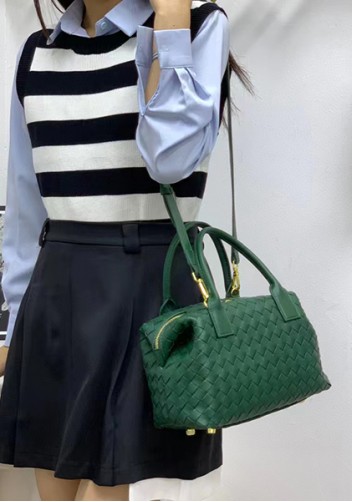Mia Woven Leather Medium Shoulder Tote Green