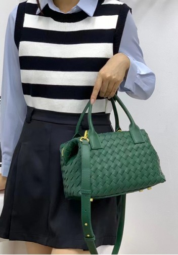 Mia Woven Leather Medium Shoulder Tote Green